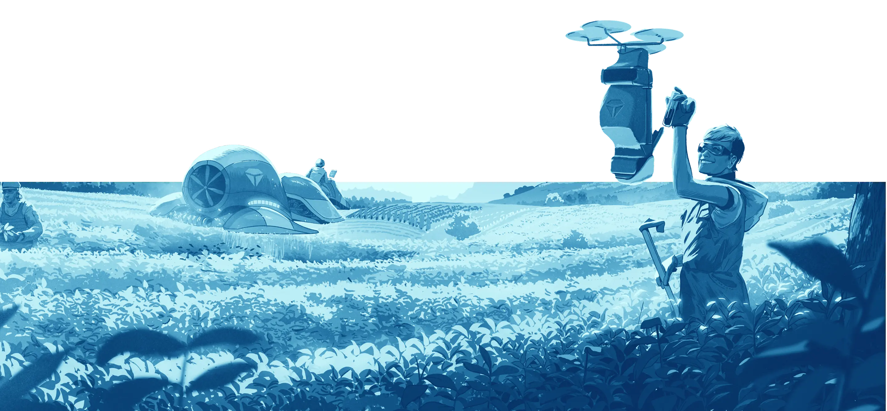Illustration of an agricultural landscape being harvested.